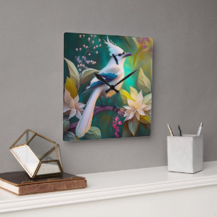 White Tufed Aquamarin Wing Jay Fantasy Bird Quadratische Wanduhr