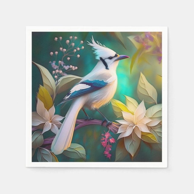 White Tufed Aquamarin Wing Jay Fantasy Bird Serviette (Vorderseite)