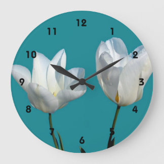 white tulip flowers in aqua blue background große wanduhr