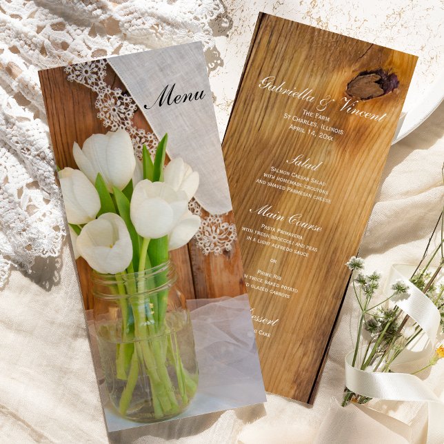 White Tulips Mason Jar Country Barn Wedding Menü Menükarte (Von Creator hochgeladen)