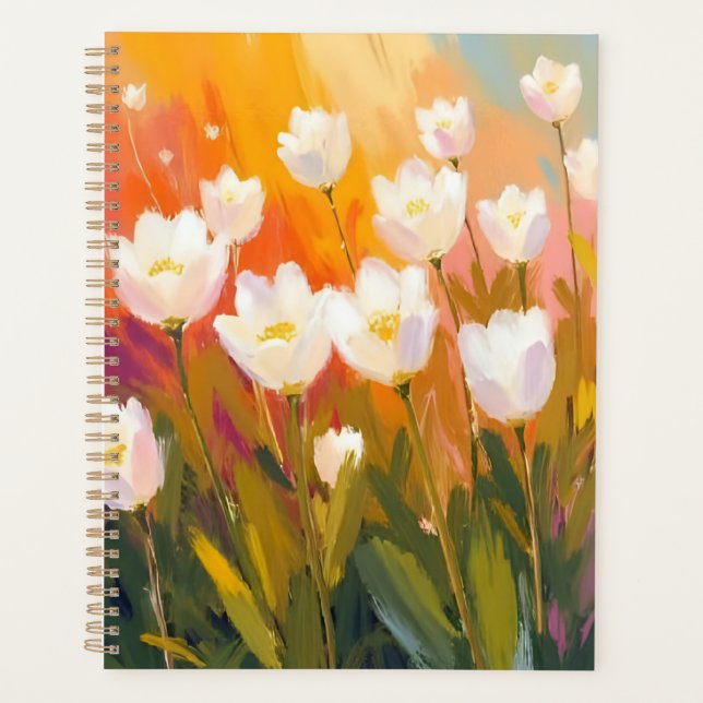 White Tulips Watercolor Flower Field Painting Planer (Vorderseite)