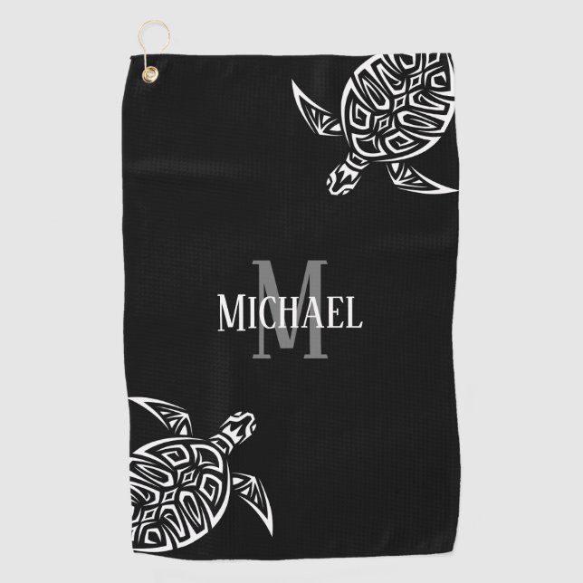 White Turtle Tribal Black Background Monogram Ba Golfhandtuch (Vorderseite)
