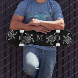 White Turtle Tribal Black Background Monogram Skateboard