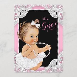 White Tutu Pink Black Pearl Baby Girl Dusche Einladung