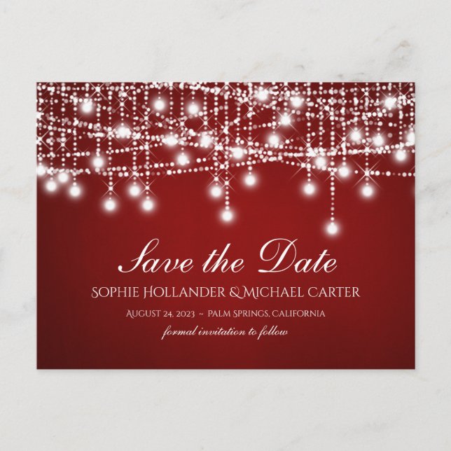 White Twinkle String Lights Save the Date rot Postkarte (Vorderseite)