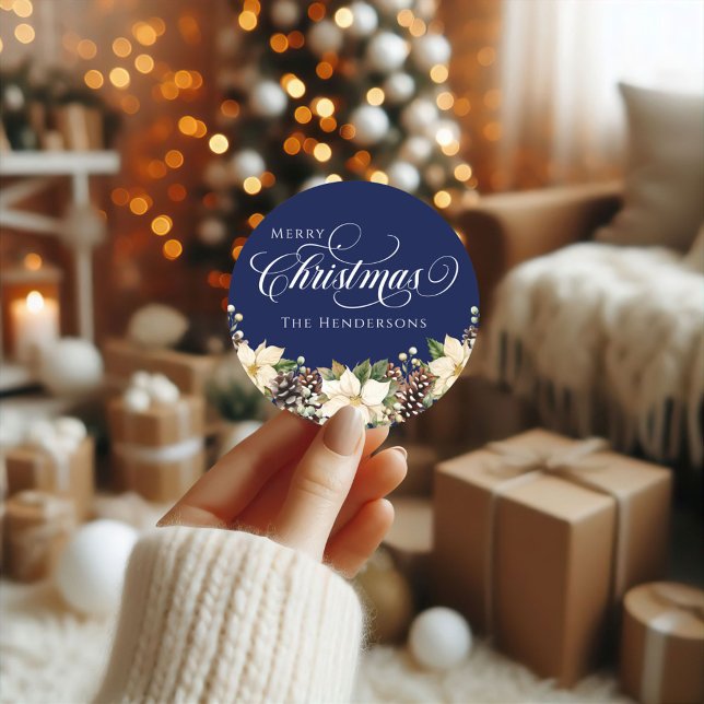 White Typografy Christmas Poinsettia blau Runder Aufkleber (Von Creator hochgeladen)