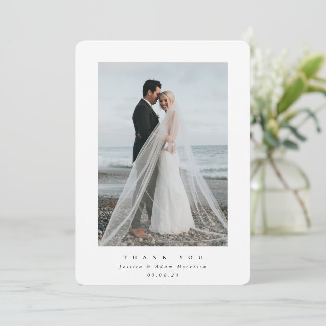 White Ultra Minimal Single Foto Hochzeit Dankeskarte (Stehend Vorderseite)
