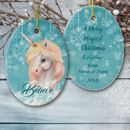 White Unicorn Aquamarin Snowflake Glaube Weihnacht Keramik Ornament