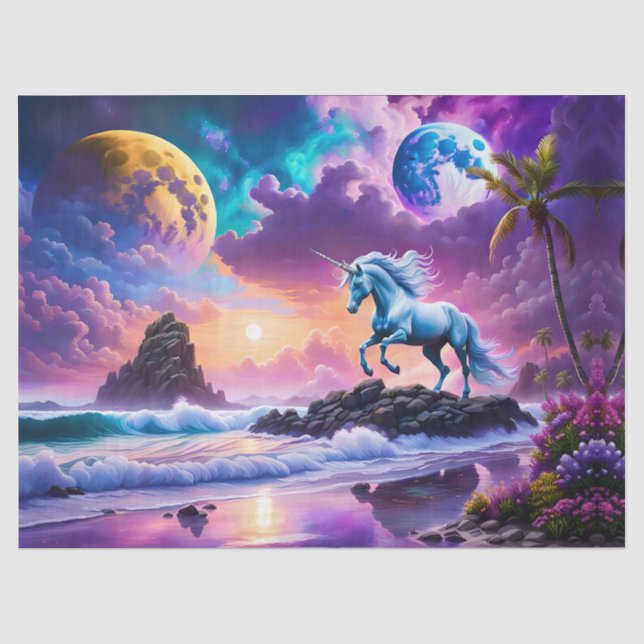 White Unicorn Fantasy Tropical Beach Seidenpapier (Vorderseite)