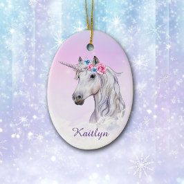 White Unicorn Floral Believe Keramik Ornament