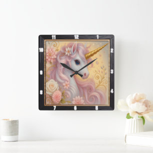 White Unicorn Floral Dreamy Quadratische Wanduhr