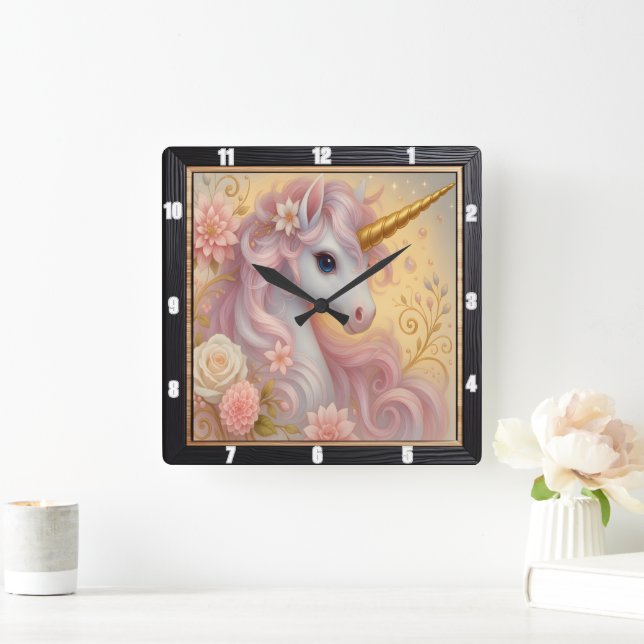 White Unicorn Floral Dreamy Quadratische Wanduhr (Zuhause)