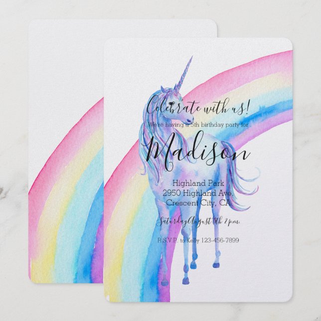 White Unicorn Geburtstag Einladung (Vorne/Hinten)