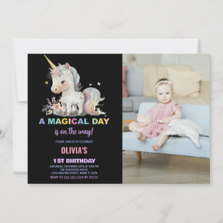 White Unicorn Geburtstag Einladung mit Foto