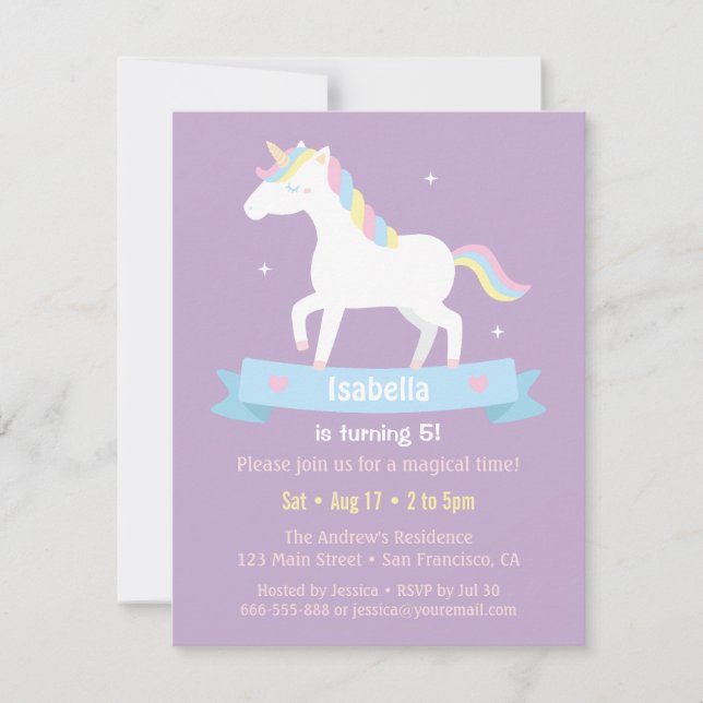 White Unicorn Girls Birthday Party Invitations (Devant)