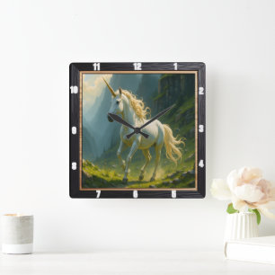 White Unicorn Misty Forest Quadratische Wanduhr