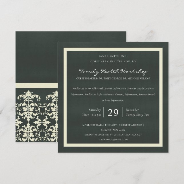 WHITE VELVET BLACK DAMASK CLASSIC WORKSHOP EVENT EINLADUNG (Vorne/Hinten)