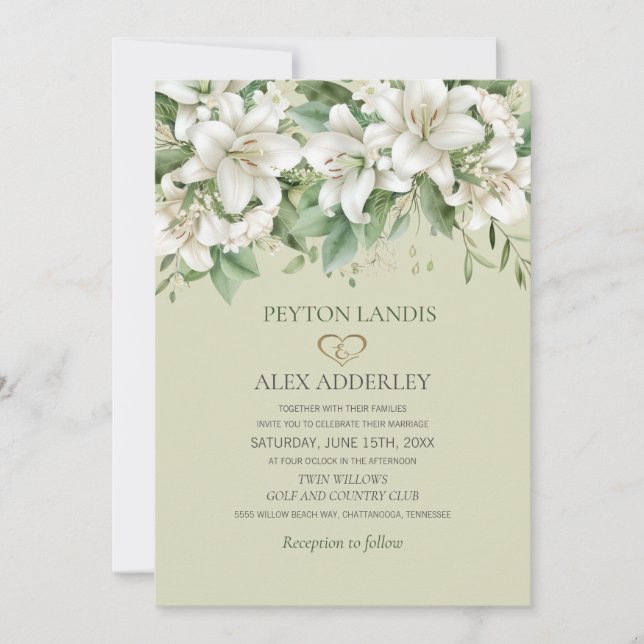 White Watercolor Lilies Greenerity Gold Wedding Einladung (Vorderseite)