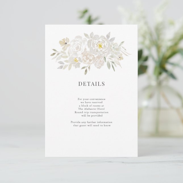 White Watercolor Peonies Wedding Details Begleitkarte (Stehend Vorderseite)