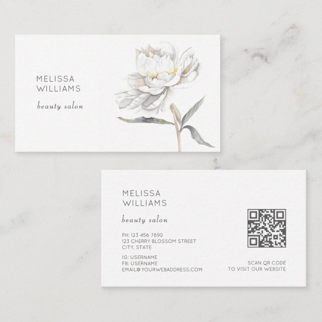 White Watercolor Peony Flower Visitenkarte (Vorne/Hinten)