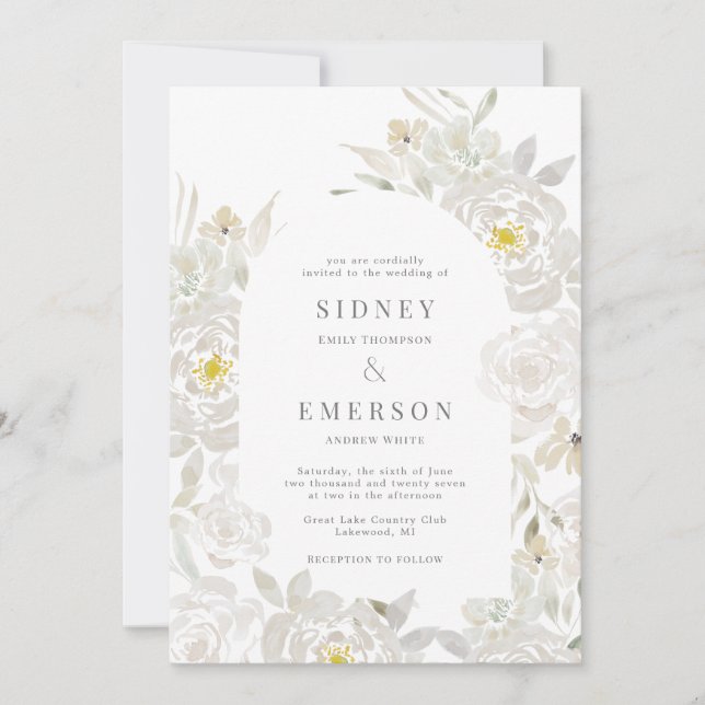 White Watercolor Peony Mariage Arch Invitation (Devant)