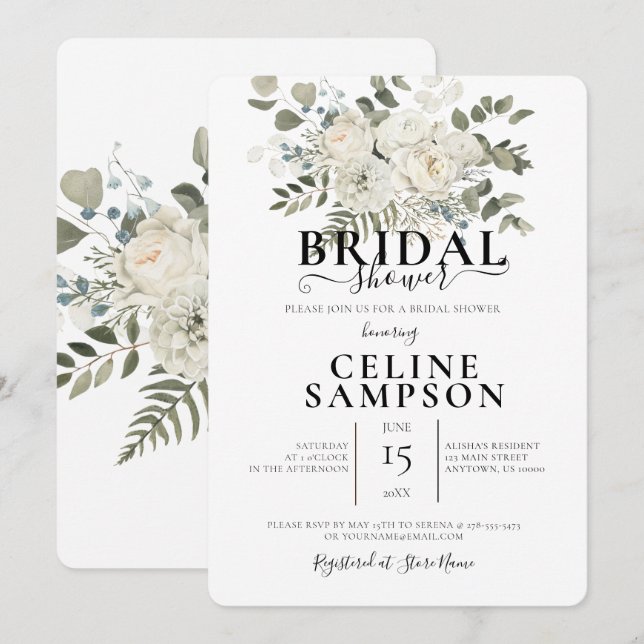 White Wedding Bouquet Illustration Brautparty Einladung (Vorne/Hinten)