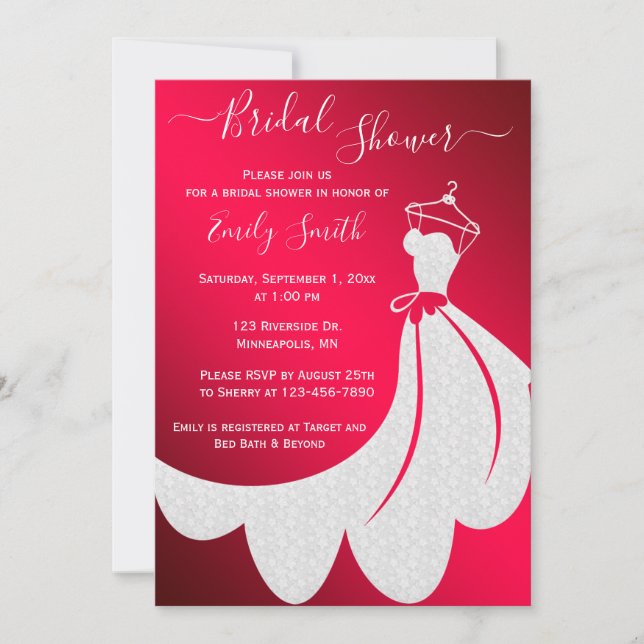 White Wedding Dress on Red Brautparty Einladung (Vorderseite)