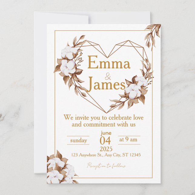 White Wedding Invite with Elegant Heart & Roses Einladung (Vorderseite)