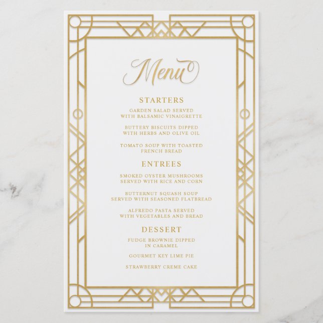 White Wedding Menü für geometrische Goldrahmen (Vorderseite)