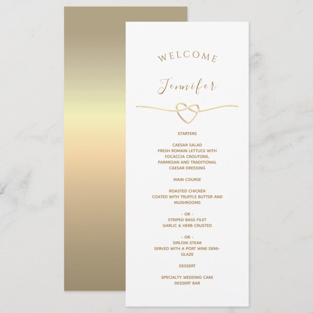 White Wedding Menü mit Name & Gold Heart Menükarte (Vorne/Hinten)