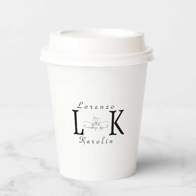 White Wedding Monogram Einfache Elegante Minimalis Pappbecher (Vorderseite)