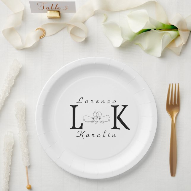 White Wedding Monogram Einfache Elegante Minimalis Pappteller (Hochzeit)