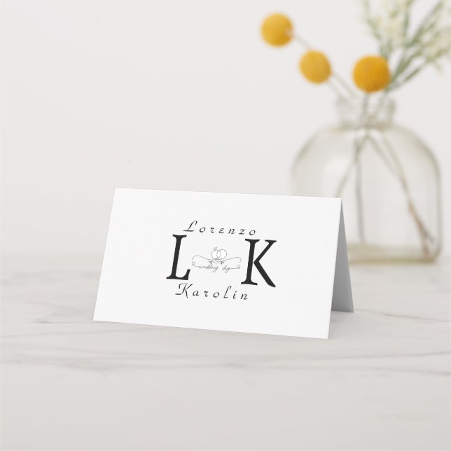 White Wedding Monogram Einfache Elegante Minimalis Platzkarte (Vorderseite)