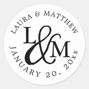 White Wedding Monogram Runder Aufkleber