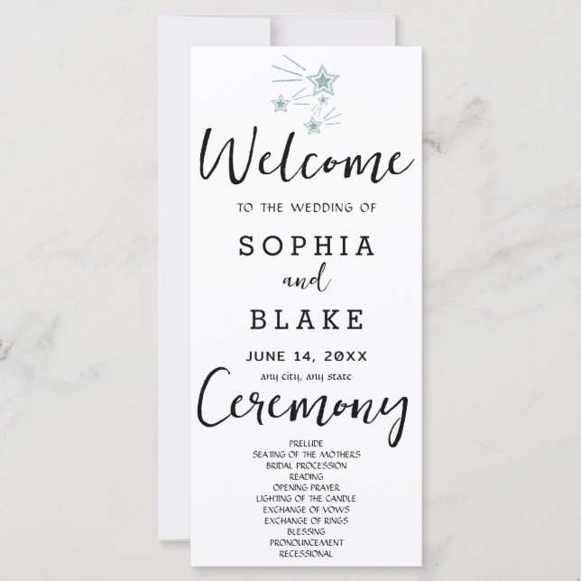 White Wedding Program für grüne Shooting Stars (Vorderseite)