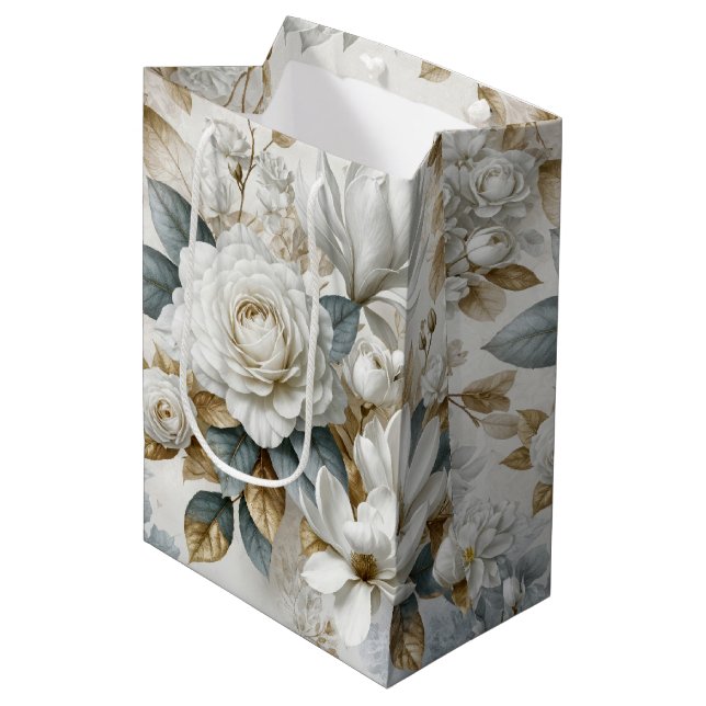 White Wedding Rose Design Mittlere Geschenktüte (Vorderseite Schrägansicht)