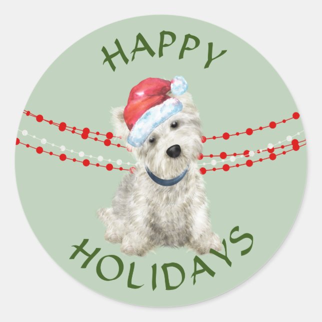 White Westie Weihnachtsmannmütze Happy Holidays Runder Aufkleber (Vorderseite)