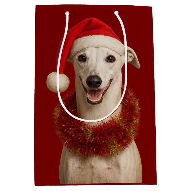 White whippet in Santa hat Christmas  Mittlere Geschenktüte (Vorderseite)