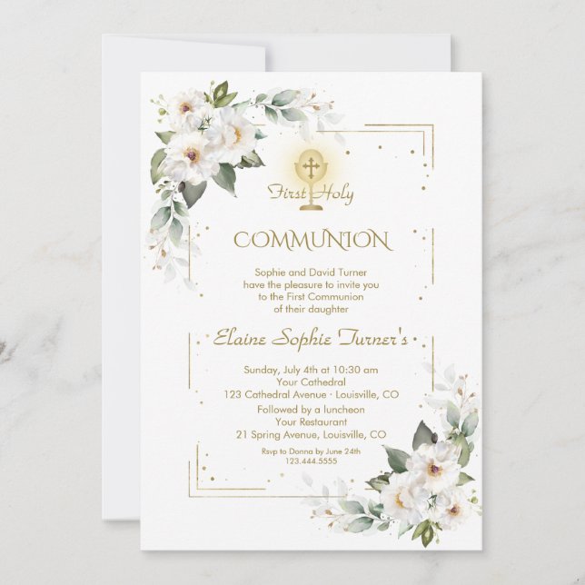 White Wild Rose Gold Glitzer Erste Heilige Kommune Einladung (Vorderseite)
