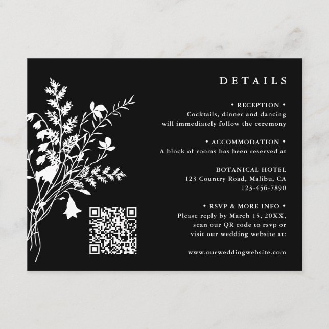 White Wildblume Bouquet Black Wedding Details Begleitkarte (Vorderseite)