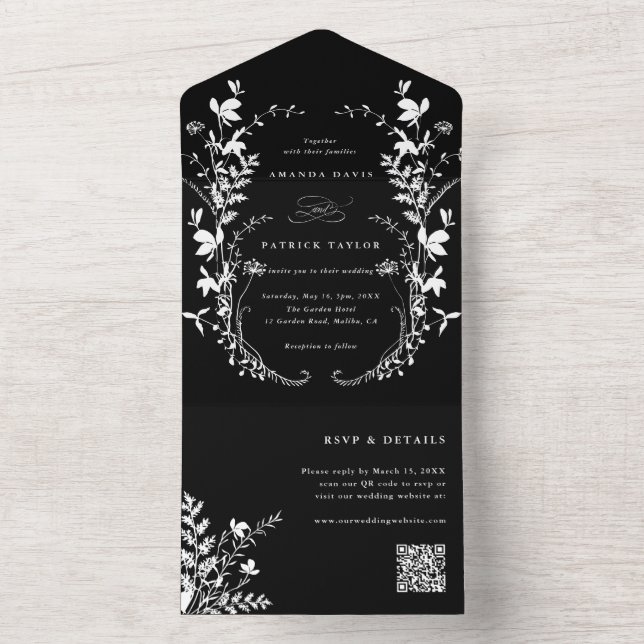 White Wildblume Silhouette Wreath Wedding Black All In One Einladung (Innen Boden)