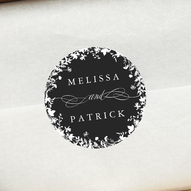 White Wildblume Wreath Silhouette Hochzeit Schwarz Runder Aufkleber (Von Creator hochgeladen)