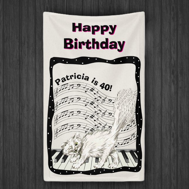 White Winking Cat Piano Keys Musiknote Geburtstag Banner (White cat piano keys bars black music notes wavy black white dotted frame on Happy Birthday backdrop)