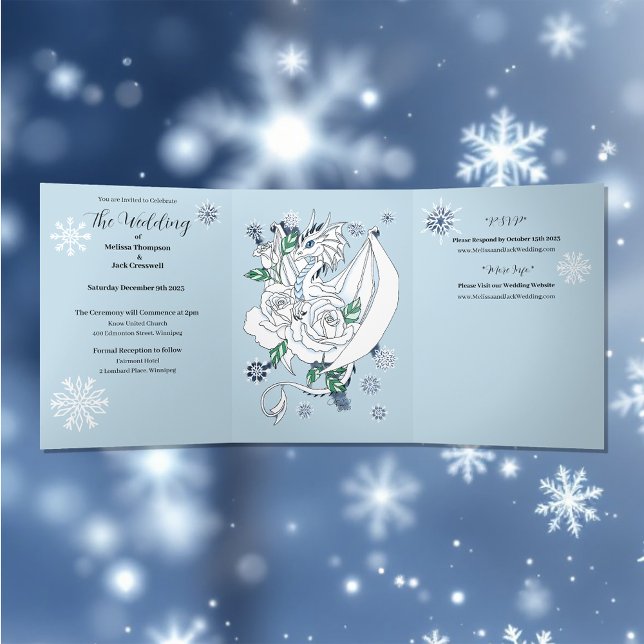 White Winter Dragon Snowflakes Blue Dreifach Gefaltete Einladung (Von Creator hochgeladen)