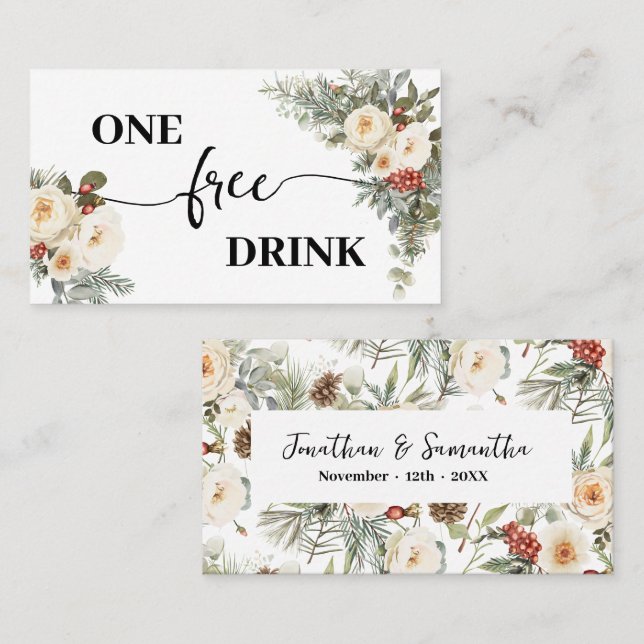 White Winter Floral Free Drink Wedding Ticket Card (Vorne/Hinten)