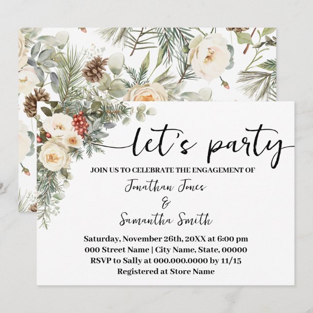White Winter Floral Let's Party Engagement Einladung (Vorne/Hinten)