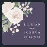 White Winter Floral Purple Wedding Quadratischer Aufkleber<br><div class="desc">Gorgeous white floral with greenery,  set over a rich purple background,  in a minimalist design...  with your text in modern script and classic font. Simple. Elegant. Perfect for a winter wedding.</div>