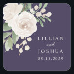 White Winter Floral Purple Wedding Quadratischer Aufkleber<br><div class="desc">Gorgeous white floral with greenery,  set over a rich purple background,  in a minimalist design...  with your text in modern script and classic font. Simple. Elegant. Perfect for a winter wedding.</div>