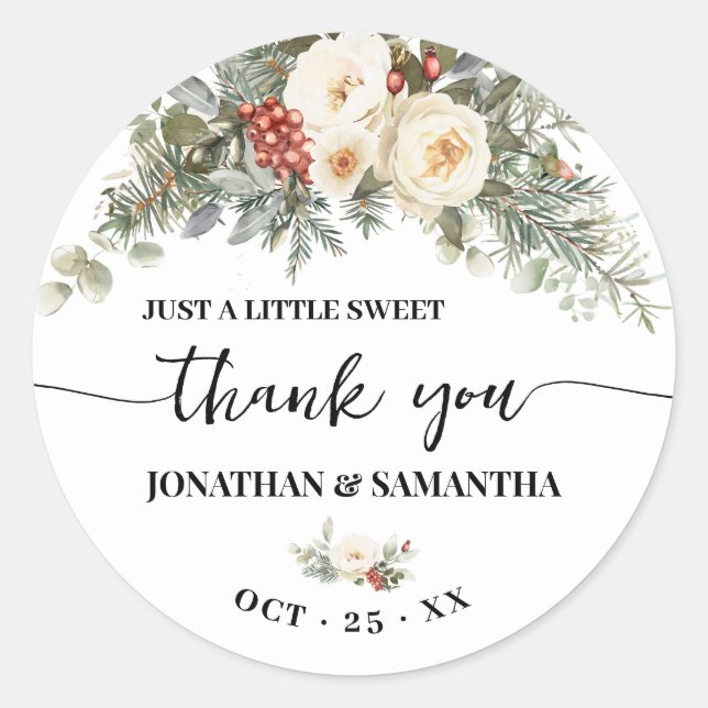 White Winter Flowers Wedding Thank You Runder Aufkleber (Vorderseite)
