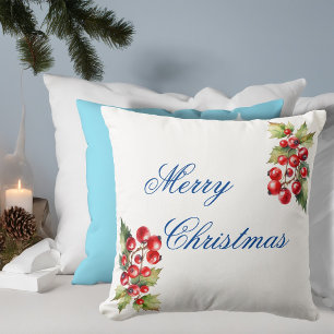 White Winter Holly Berries Frohe Weihnachten Kissen